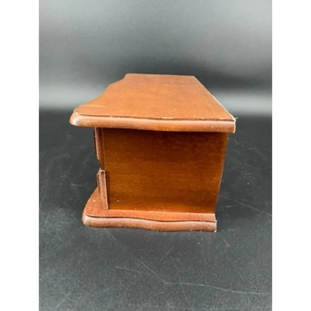 Vintage Wood Jewelry Box Mirror Cream Interior Drawer Ornate Metal Pulls 10.5